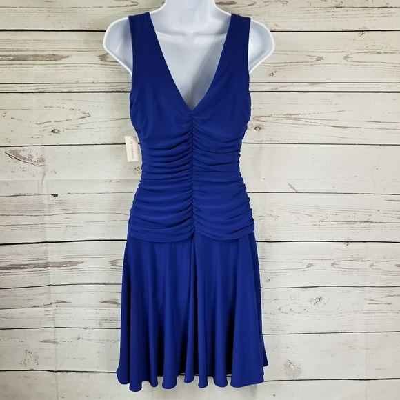 DRESSBARN sleeveless draped neck blue ruched dress - Picture 4 of 7